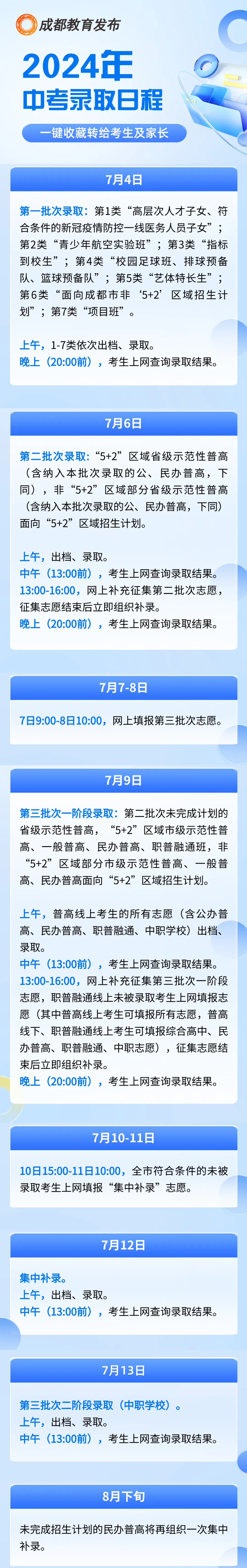 2024年四川成都中考录取7月4日开始 附中考录取日程